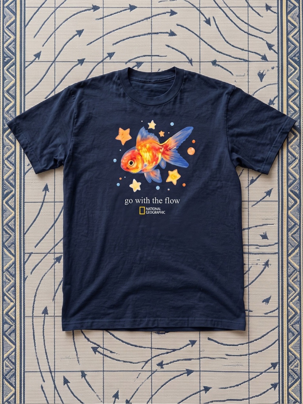 National Geographic "Go With The Flow" Goldfish Graphic Tee Navy Gildan T-Shirt